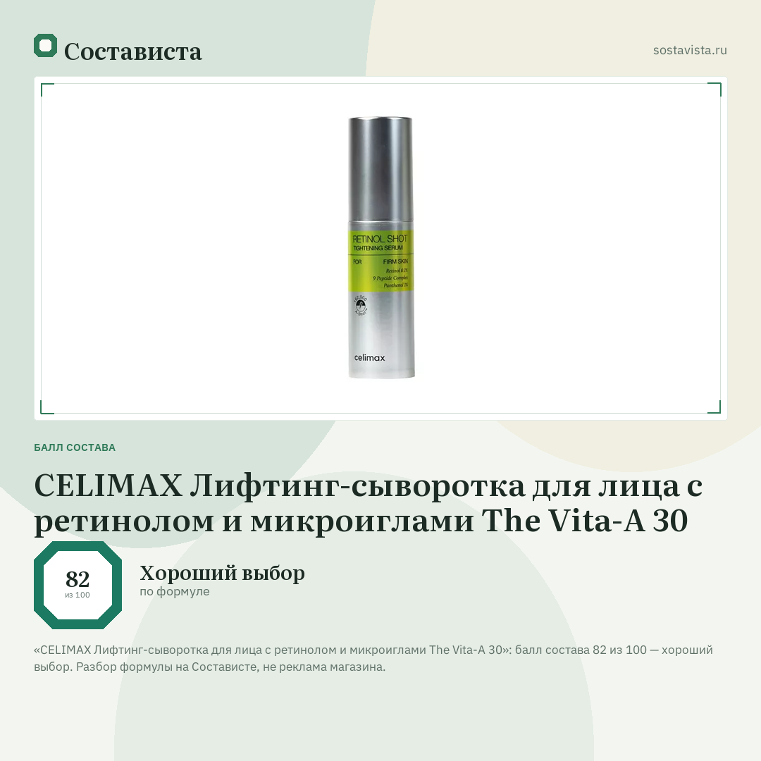 CELIMAX Лифтинг-сыворотка для лица с ретинолом и микроиглами The Vita-A 30: балл состава 82 из 100 — Состависта