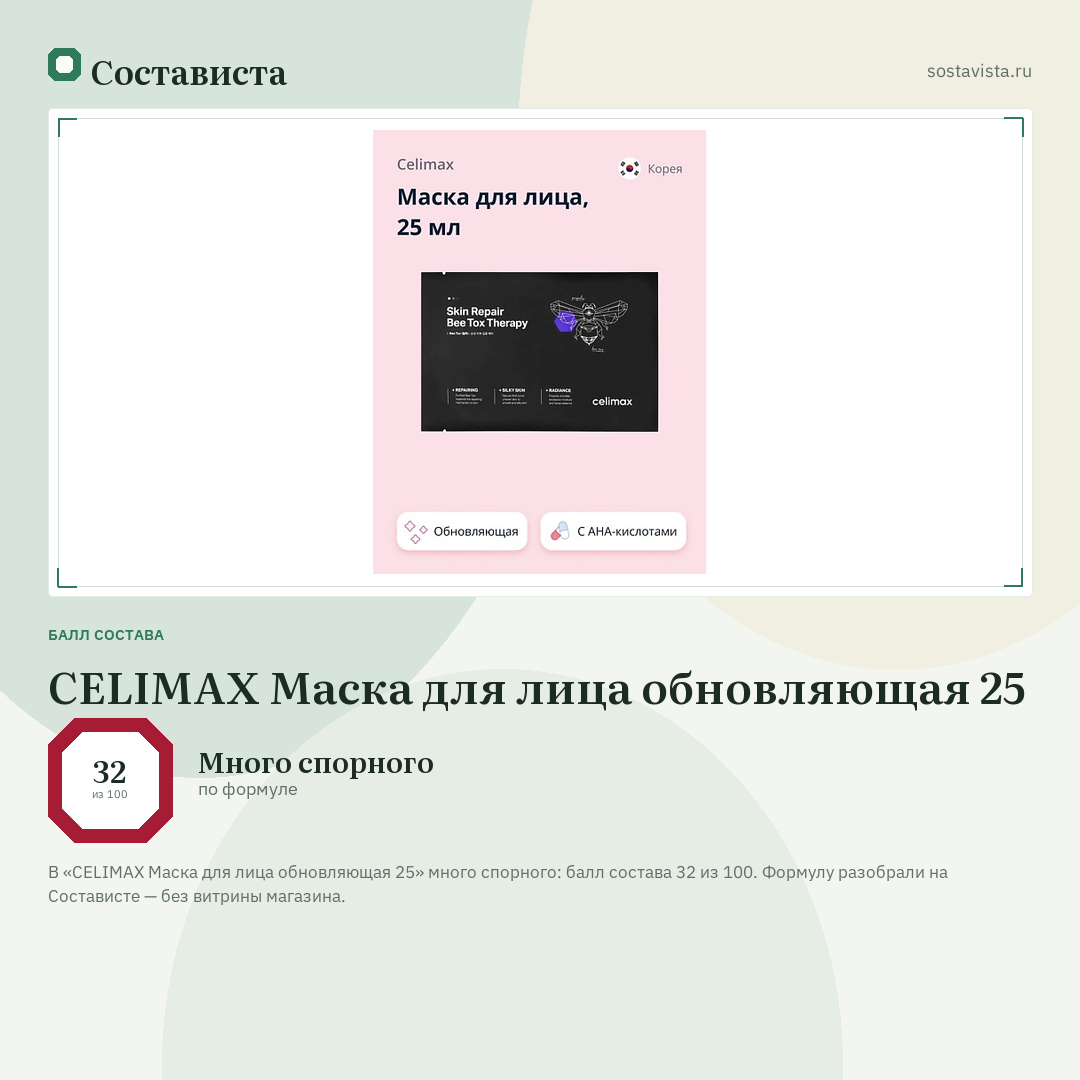 CELIMAX Маска для лица обновляющая 25: балл состава 32 из 100 — Состависта
