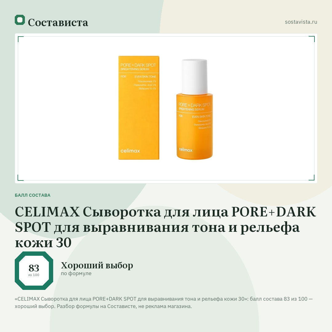 CELIMAX Сыворотка для лица PORE+DARK SPOT для выравнивания тона и рельефа кожи 30: балл состава 83 из 100 — Состависта