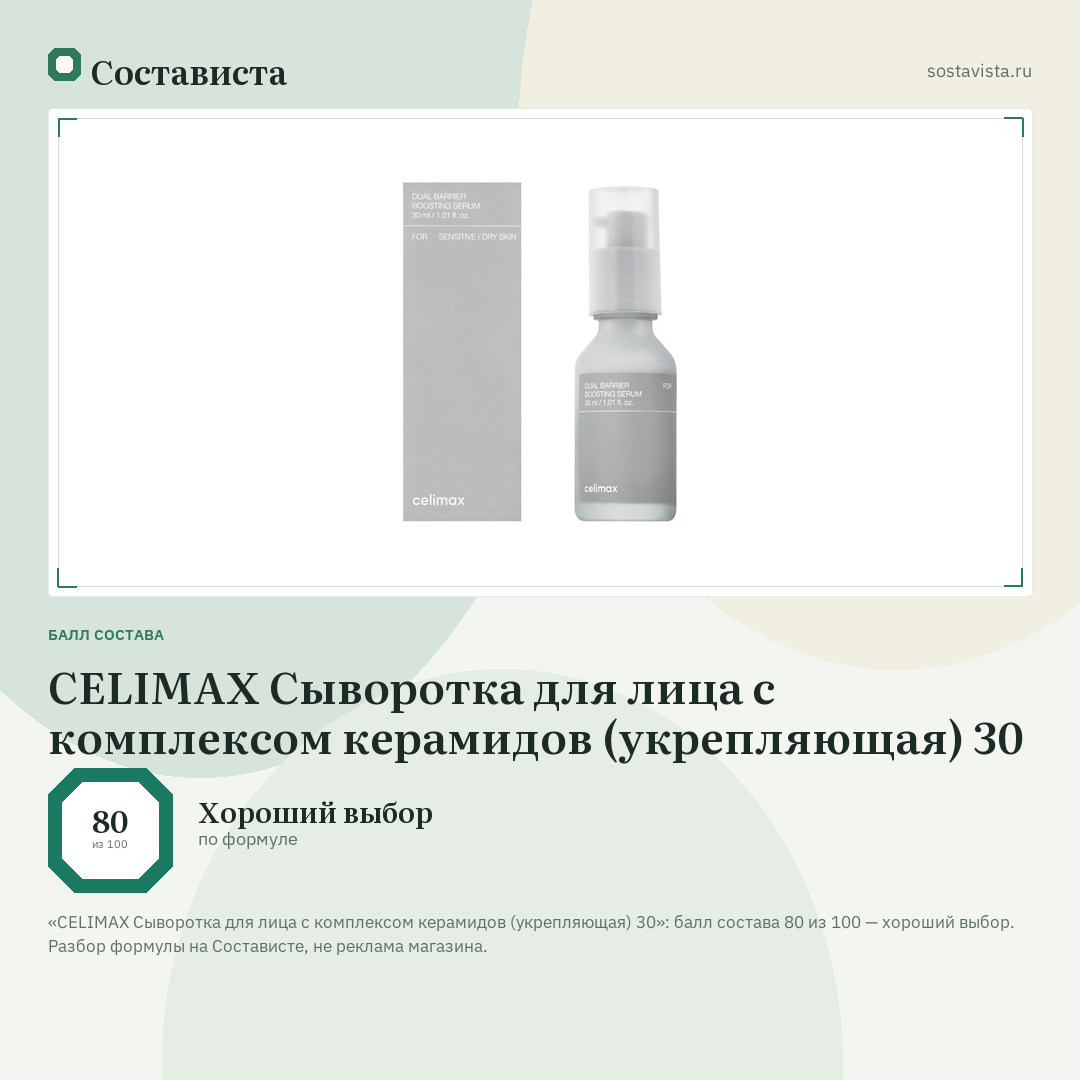 CELIMAX Сыворотка для лица с комплексом керамидов (укрепляющая) 30: балл состава 80 из 100 — Состависта