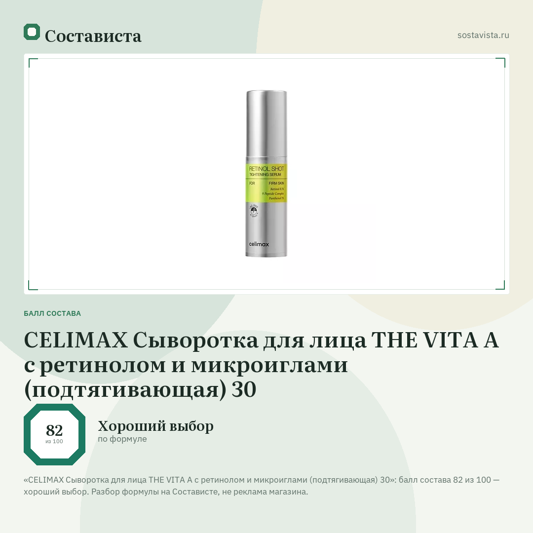 CELIMAX Сыворотка для лица THE VITA A с ретинолом и микроиглами (подтягивающая) 30: балл состава 82 из 100 — Состависта
