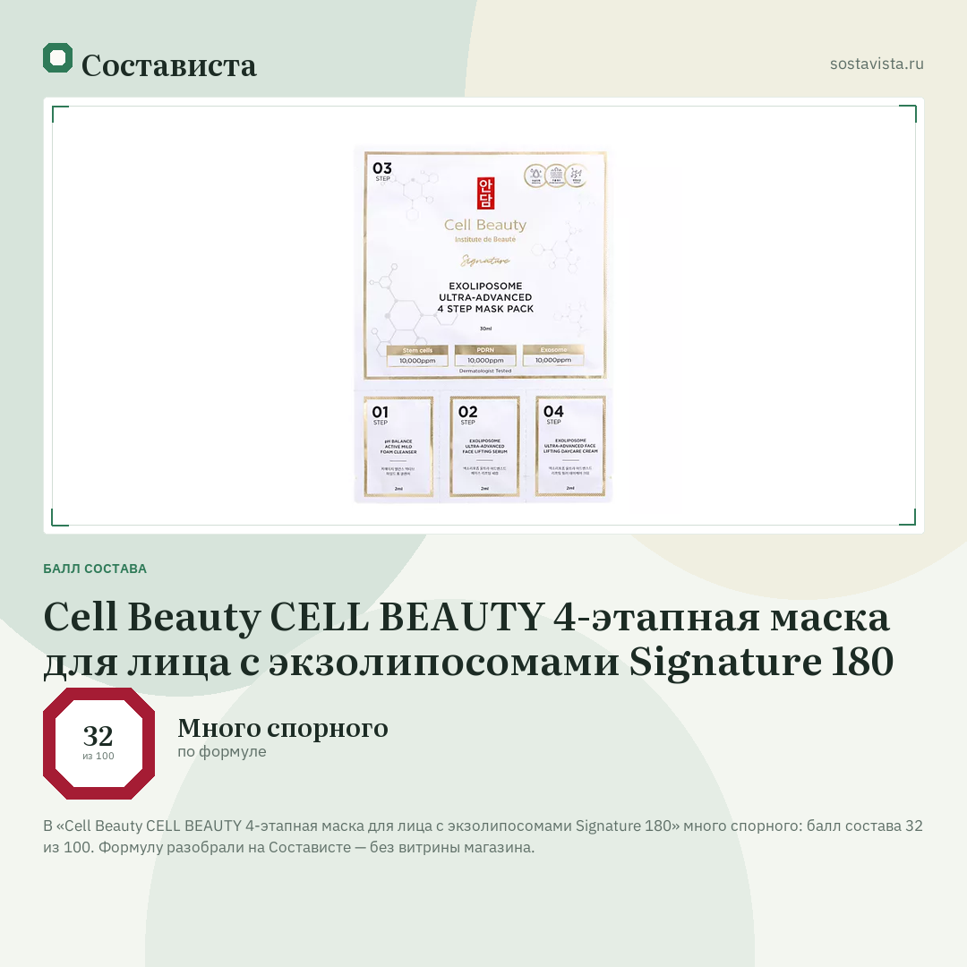 Cell Beauty CELL BEAUTY 4-этапная маска для лица с экзолипосомами Signature 180: балл состава 32 из 100 — Состависта