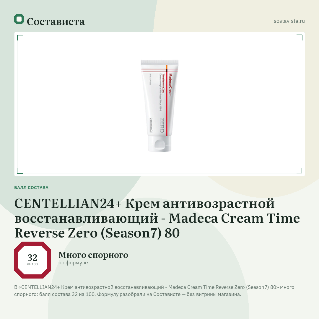 CENTELLIAN24+ Крем антивозрастной восстанавливающий - Madeca Cream Time Reverse Zero (Season7) 80: балл состава 32 из 100 — Состависта