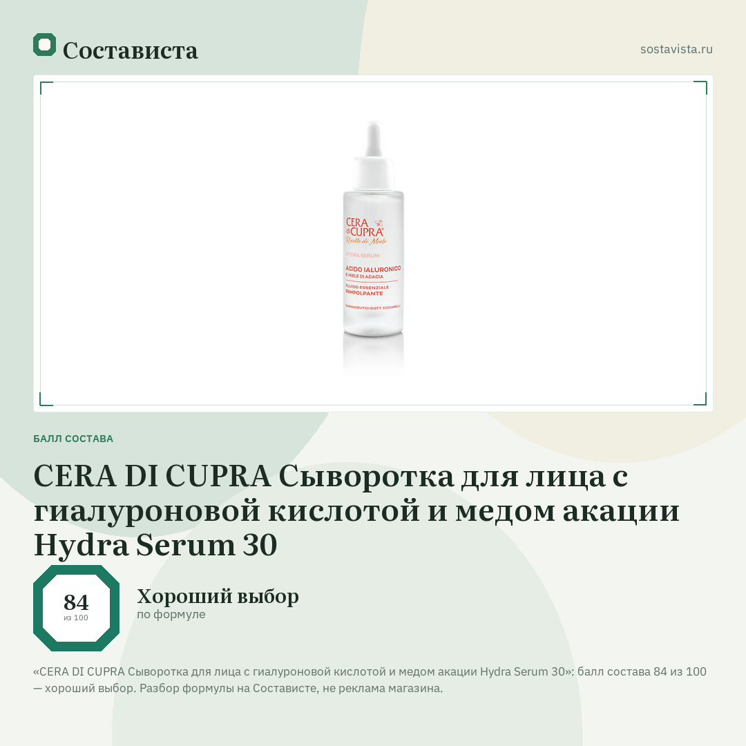 CERA DI CUPRA Сыворотка для лица с гиалуроновой кислотой и медом акации Hydra Serum 30: балл состава 84 из 100 — Состависта