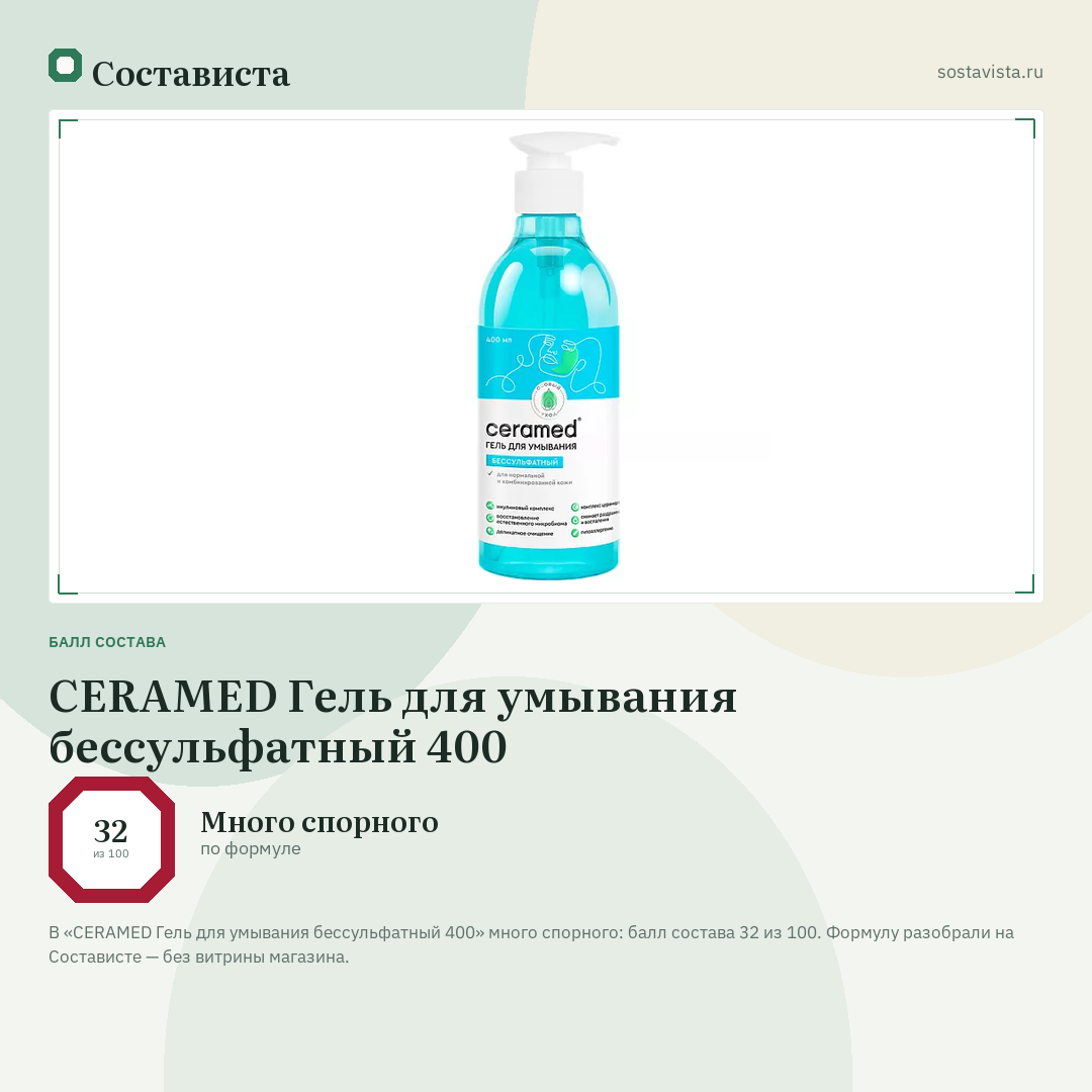 CERAMED Гель для умывания бессульфатный 400: балл состава 32 из 100 — Состависта