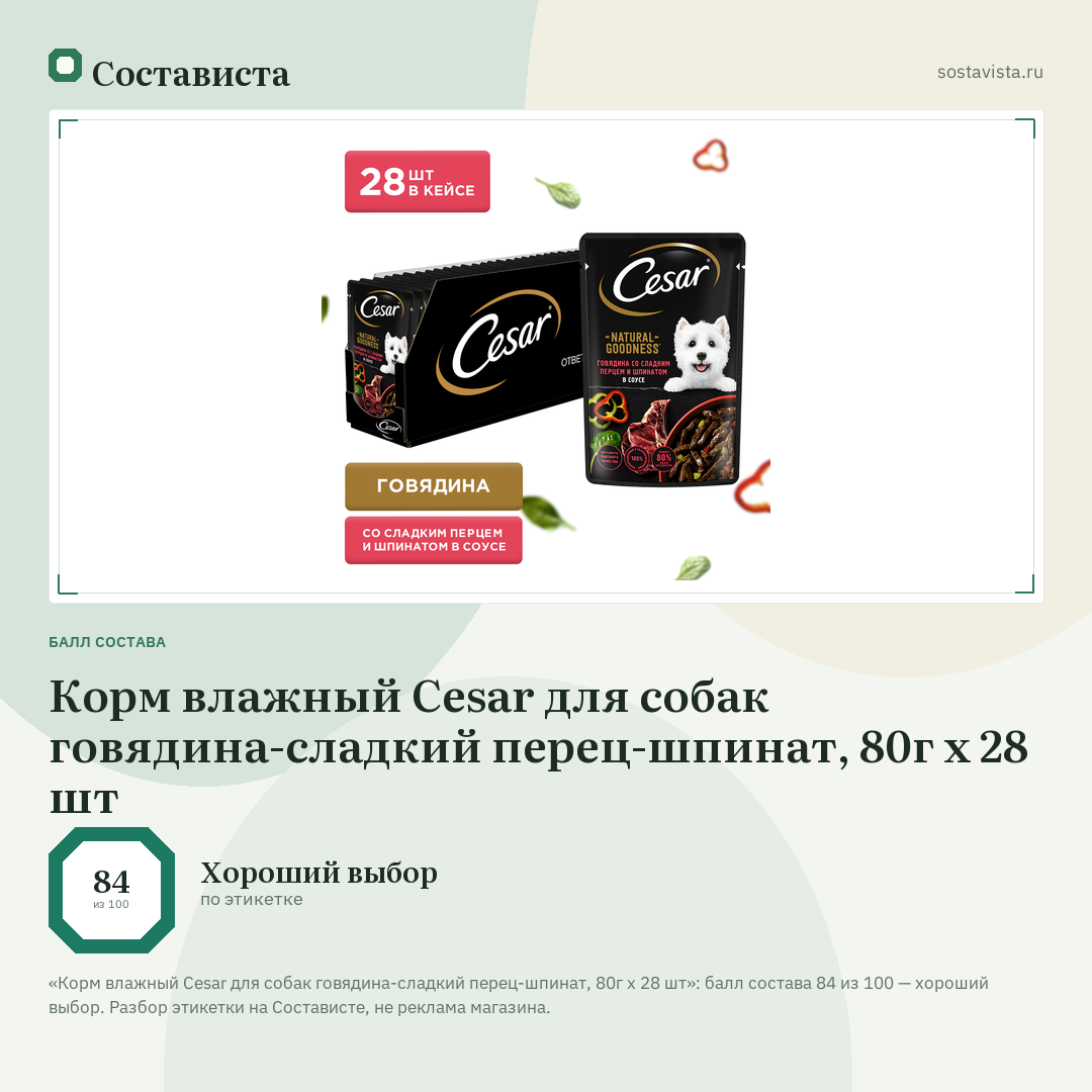 Корм влажный Cesar для собак говядина-сладкий перец-шпинат, 80г x 28 шт: балл состава 84 из 100 — Состависта