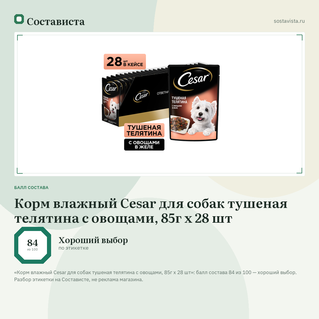 Корм влажный Cesar для собак тушеная телятина с овощами, 85г х 28 шт: балл состава 84 из 100 — Состависта