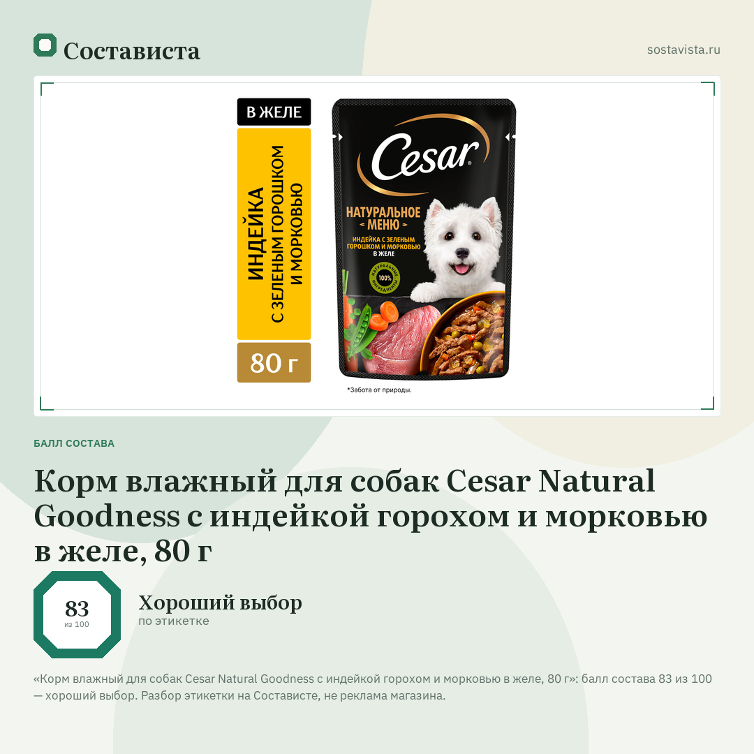 Корм влажный для собак Cesar Natural Goodness с индейкой горохом и морковью в желе, 80 г: балл состава 83 из 100 — Состависта