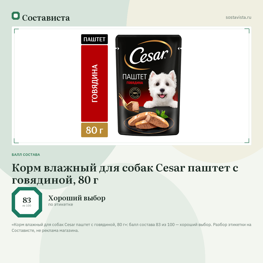 Корм влажный для собак Cesar паштет с говядиной, 80 г: балл состава 83 из 100 — Состависта