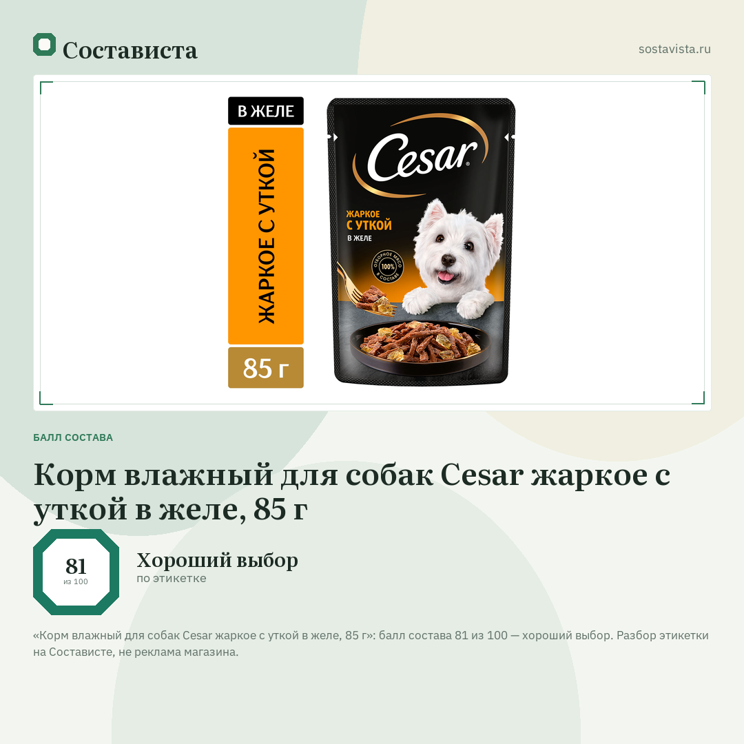 Корм влажный для собак Cesar жаркое с уткой в желе, 85 г: балл состава 81 из 100 — Состависта