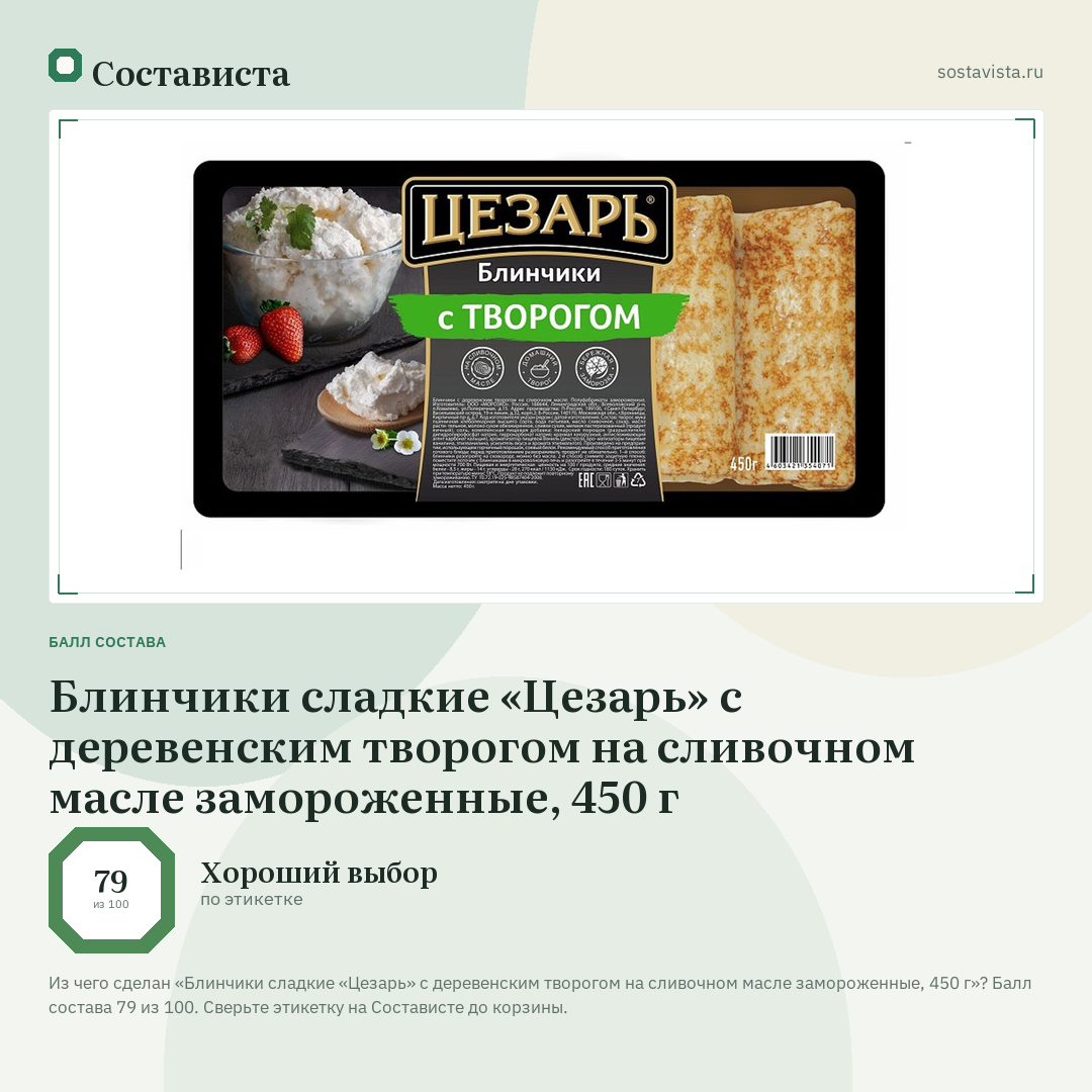 Блинчики сладкие «Цезарь» с деревенским творогом на сливочном масле замороженные, 450 г: балл состава 79 из 100 — Состависта