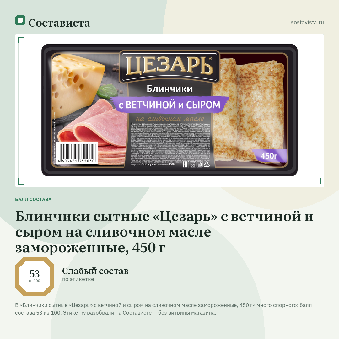 Блинчики сытные «Цезарь» с ветчиной и сыром на сливочном масле замороженные, 450 г: балл состава 53 из 100 — Состависта