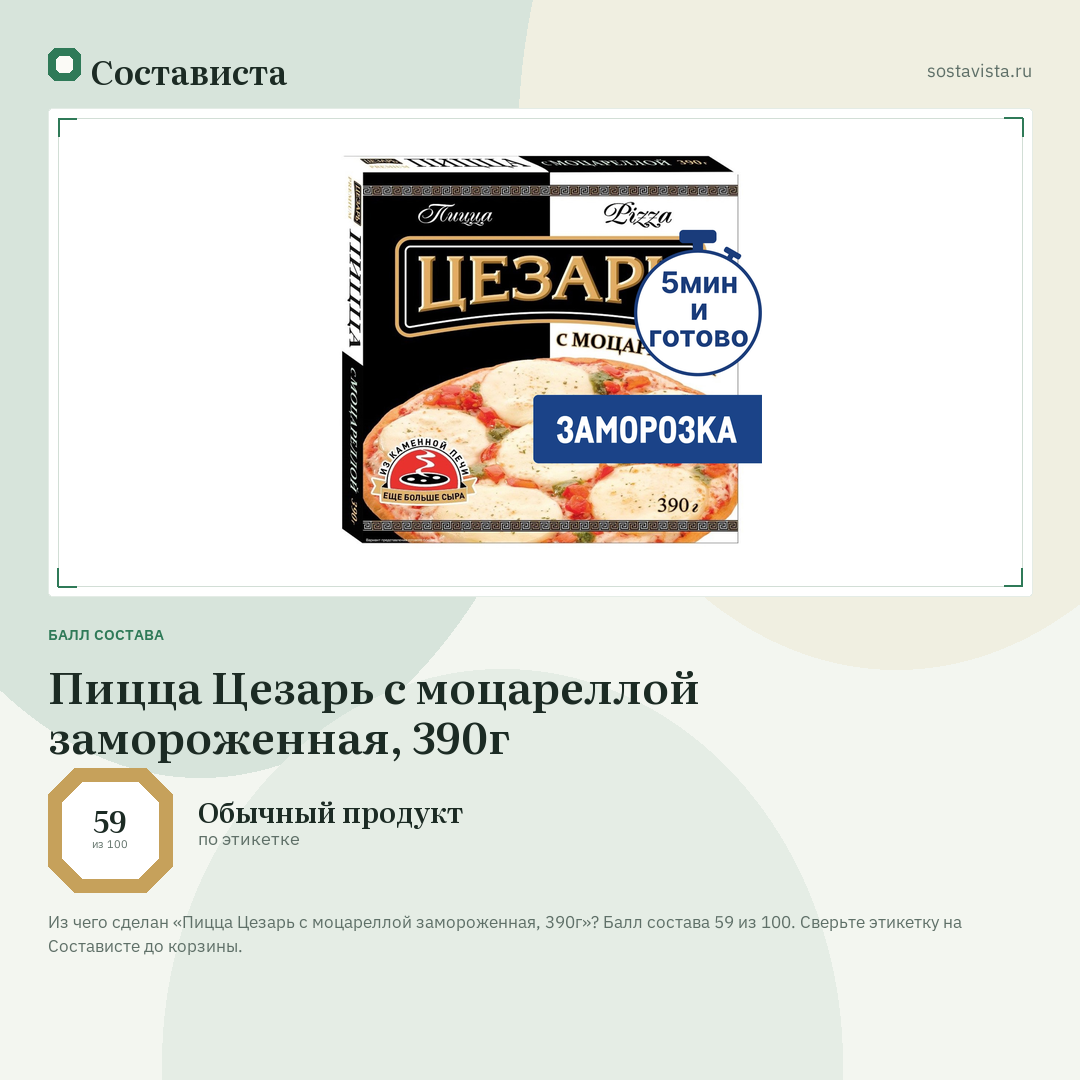 Пицца Цезарь с моцареллой замороженная, 390г: балл состава 59 из 100 — Состависта