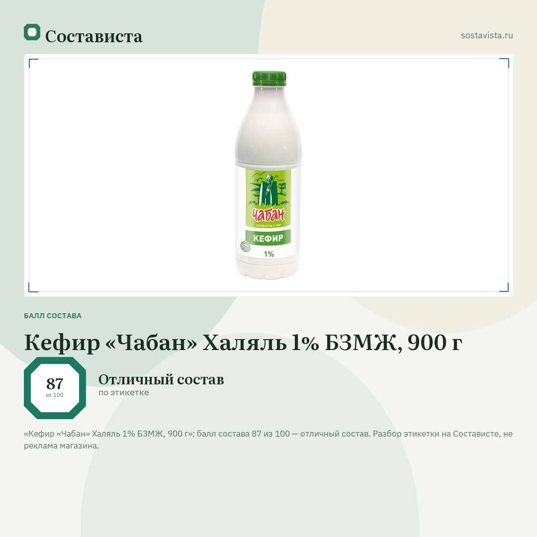 Кефир «Чабан» Халяль 1% БЗМЖ, 900 г: балл состава 87 из 100 — Состависта