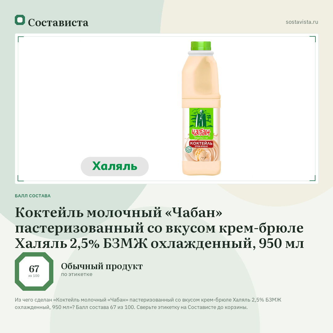 Коктейль молочный «Чабан» пастеризованный со вкусом крем-брюле Халяль 2,5% БЗМЖ охлажденный, 950 мл: балл состава 67 из 100 — Состависта