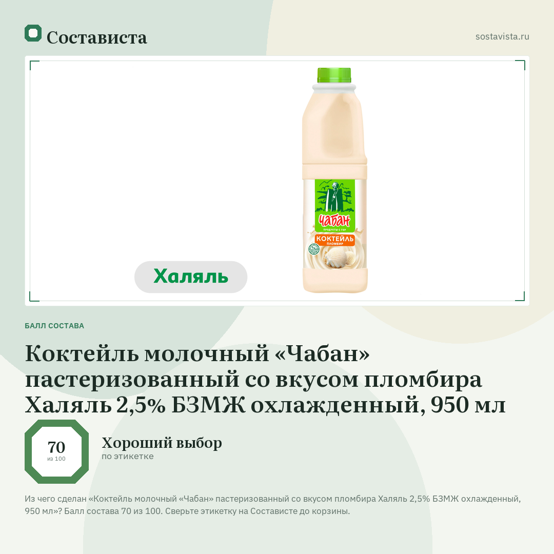 Коктейль молочный «Чабан» пастеризованный со вкусом пломбира Халяль 2,5% БЗМЖ охлажденный, 950 мл: балл состава 70 из 100 — Состависта