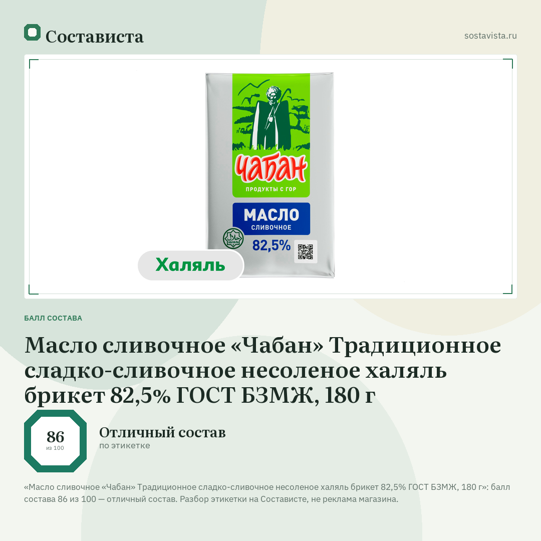 Масло сливочное «Чабан» Традиционное сладко-сливочное несоленое халяль брикет 82,5% ГОСТ БЗМЖ, 180 г: балл состава 86 из 100 — Состависта