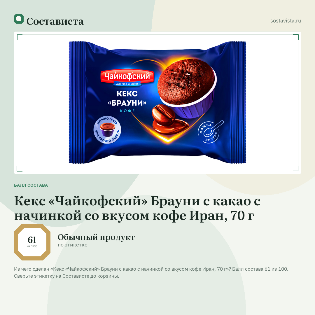 Кекс «Чайкофский» Брауни с какао с начинкой со вкусом кофе Иран, 70 г: балл состава 61 из 100 — Состависта