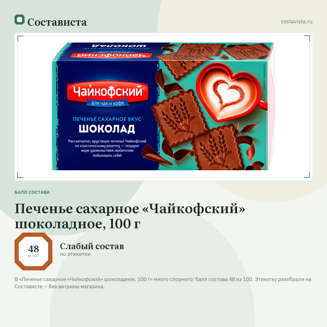Печенье сахарное «Чайкофский» шоколадное, 100 г: балл состава 48 из 100 — Состависта