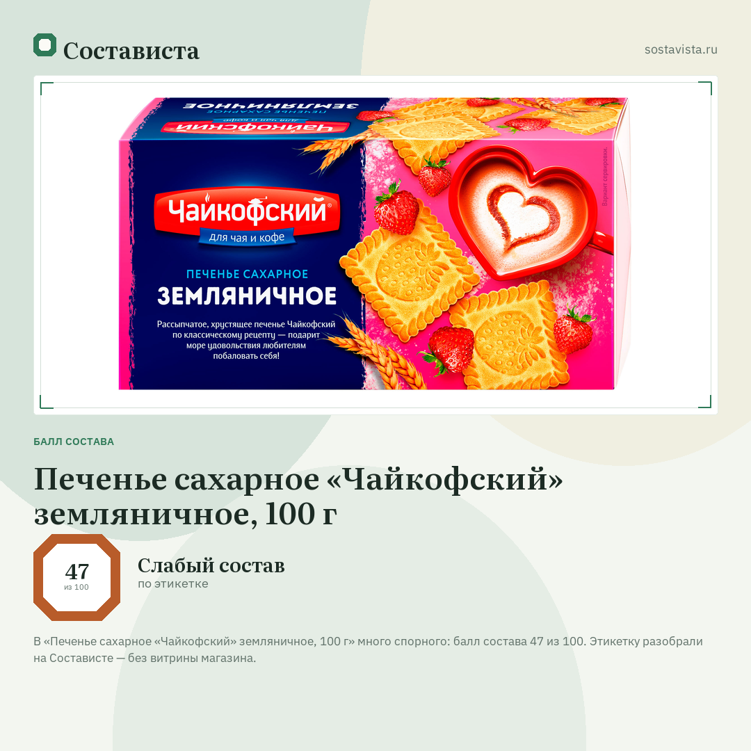 Печенье сахарное «Чайкофский» земляничное, 100 г: балл состава 47 из 100 — Состависта