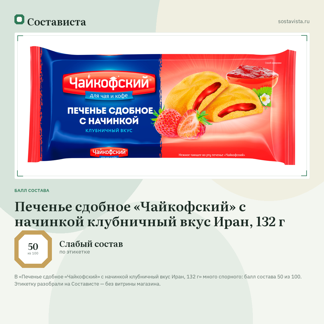 Печенье сдобное «Чайкофский» с начинкой клубничный вкус Иран, 132 г: балл состава 50 из 100 — Состависта