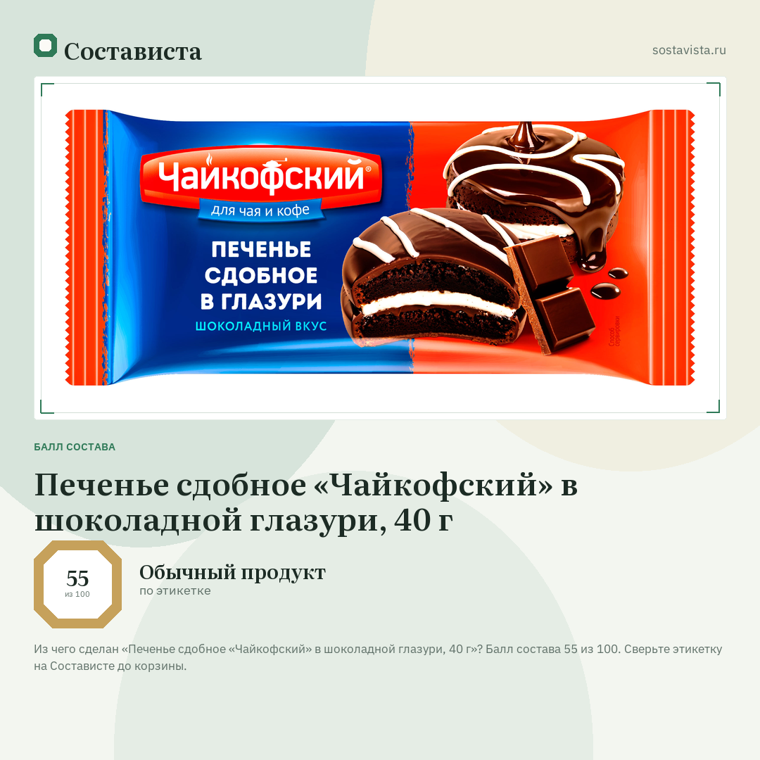 Печенье сдобное «Чайкофский» в шоколадной глазури, 40 г: балл состава 55 из 100 — Состависта