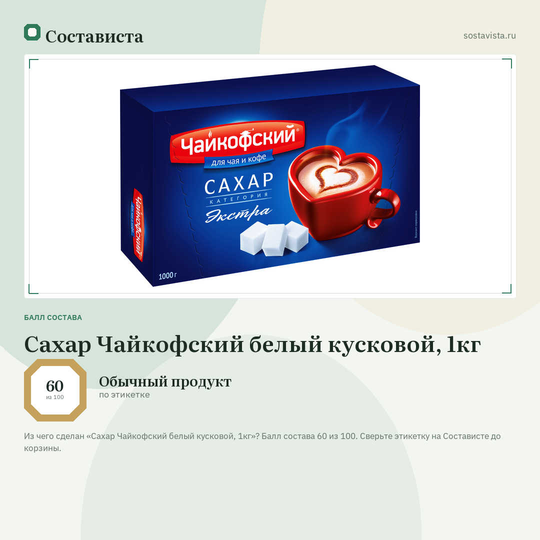 Сахар Чайкофский белый кусковой, 1кг: балл состава 60 из 100 — Состависта