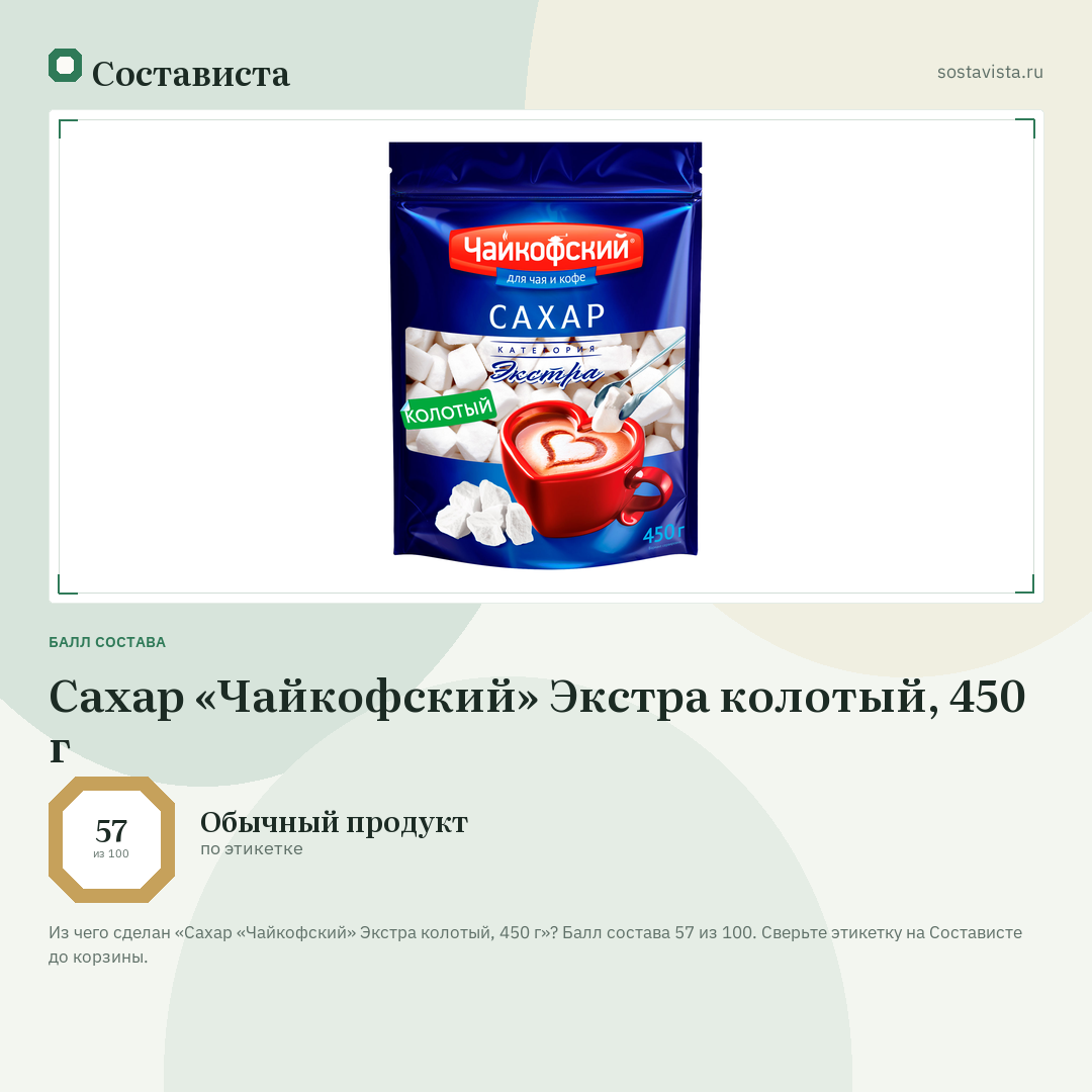 Сахар «Чайкофский» Экстра колотый, 450 г: балл состава 57 из 100 — Состависта