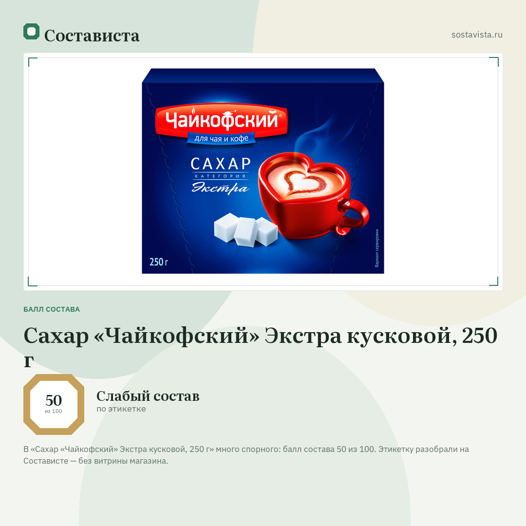 Сахар «Чайкофский» Экстра кусковой, 250 г: балл состава 50 из 100 — Состависта