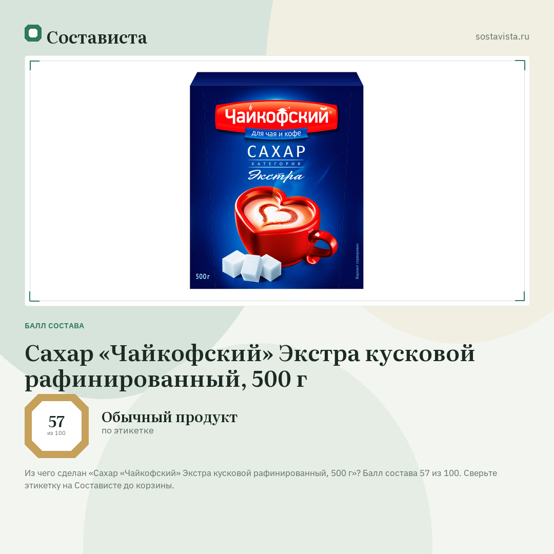Сахар «Чайкофский» Экстра кусковой рафинированный, 500 г: балл состава 57 из 100 — Состависта