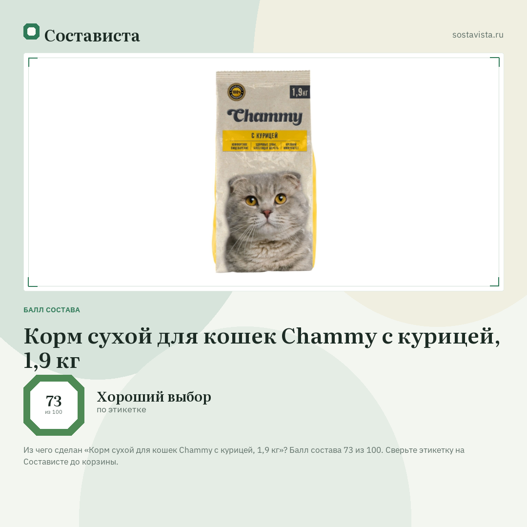 Корм сухой для кошек Chammy с курицей, 1,9 кг: балл состава 73 из 100 — Состависта