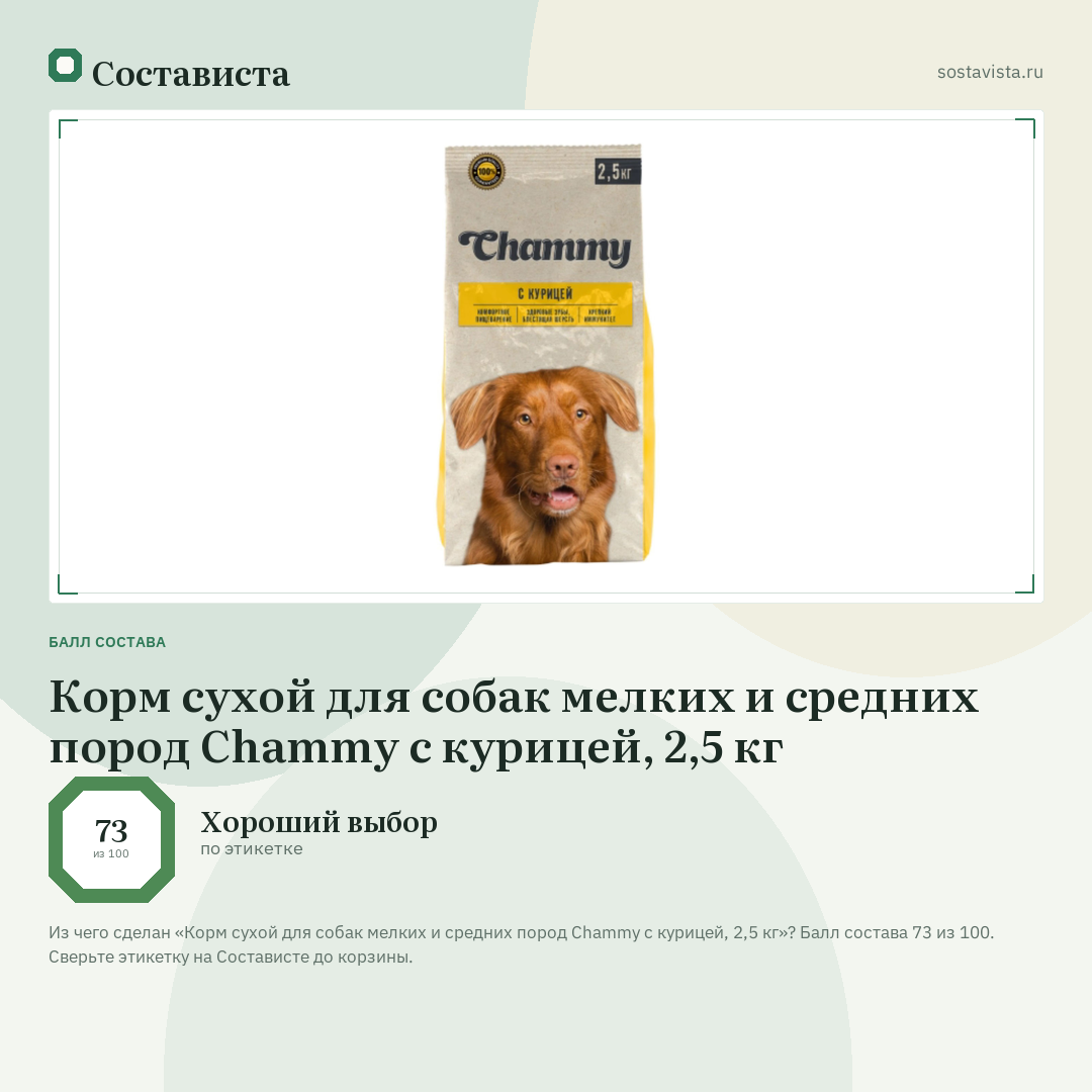 Корм сухой для собак мелких и средних пород Chammy с курицей, 2,5 кг: балл состава 73 из 100 — Состависта