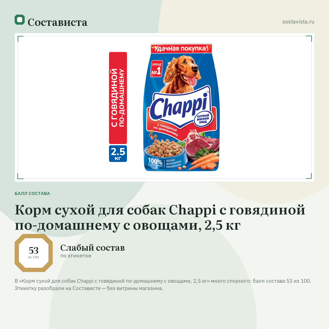 Корм сухой для собак Chappi с говядиной по-домашнему с овощами, 2,5 кг: балл состава 53 из 100 — Состависта