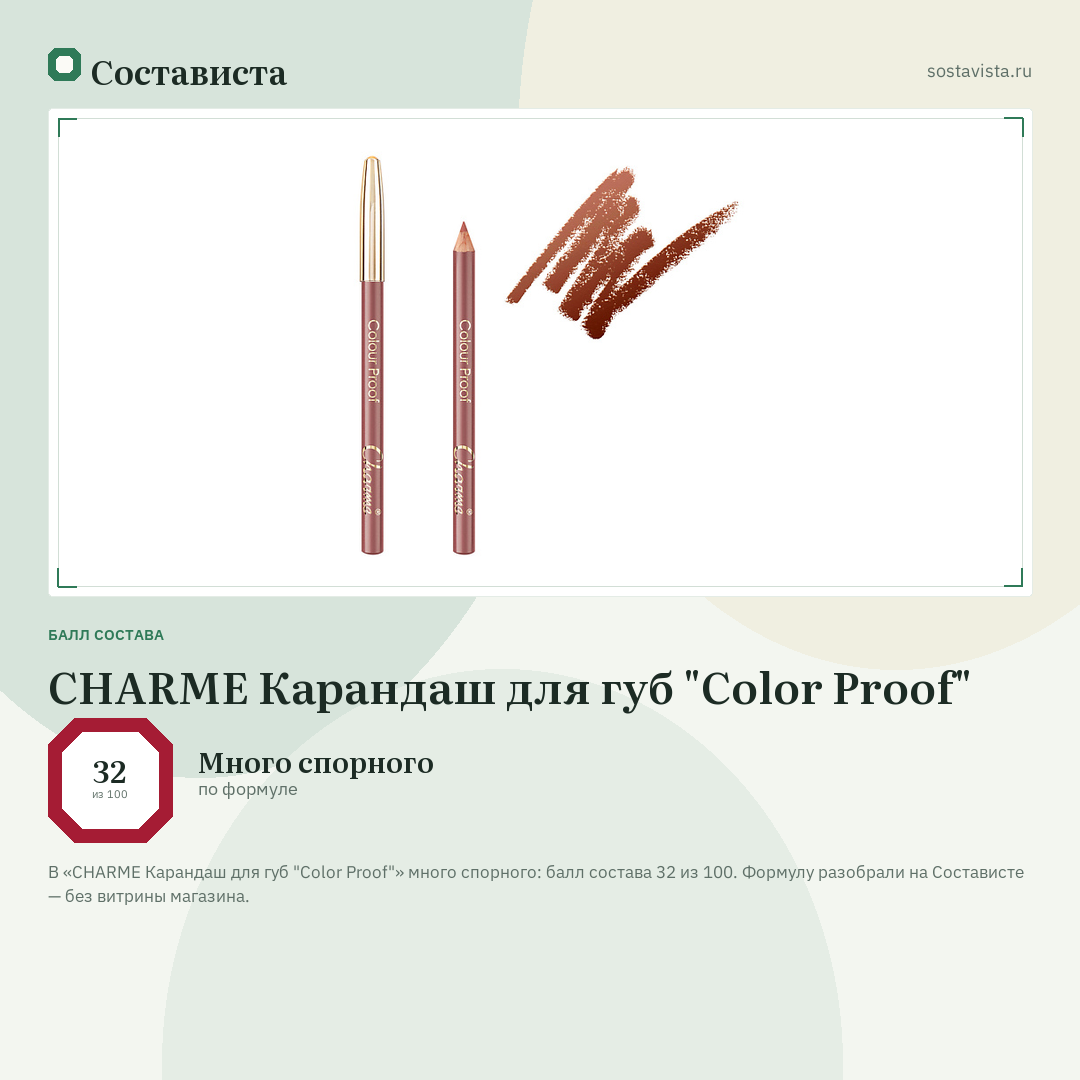 CHARME Карандаш для губ "Color Proof": балл состава 32 из 100 — Состависта