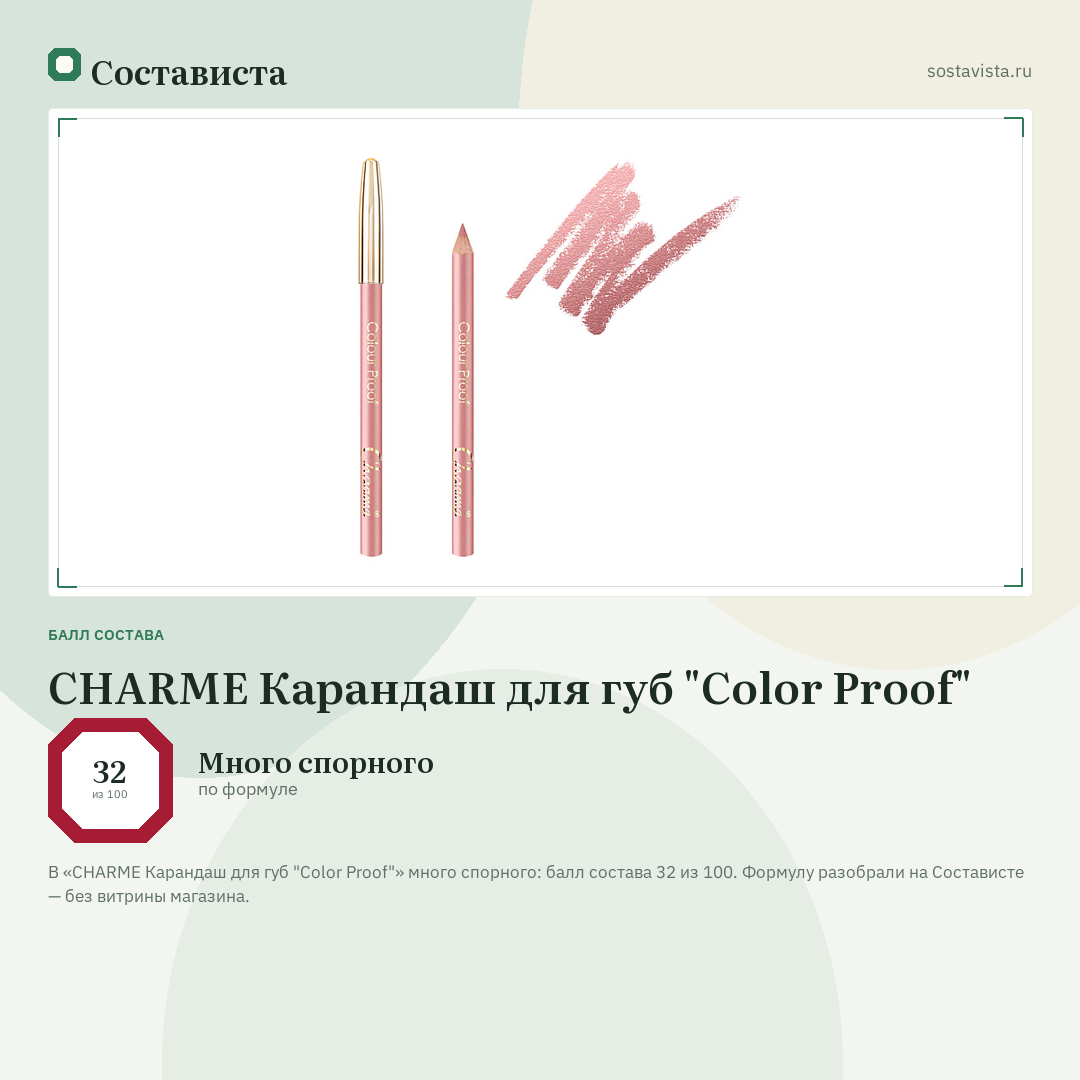 CHARME Карандаш для губ "Color Proof": балл состава 32 из 100 — Состависта