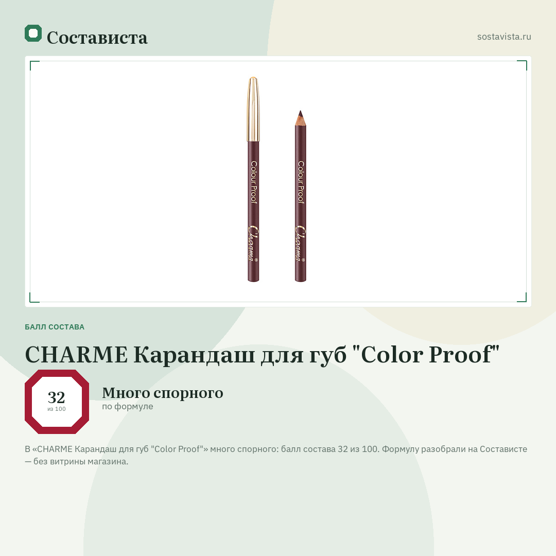 CHARME Карандаш для губ "Color Proof": балл состава 32 из 100 — Состависта