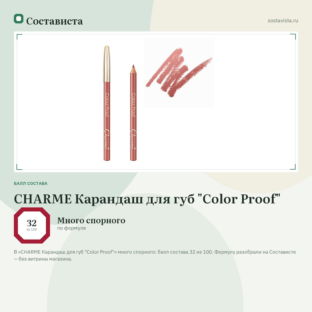 CHARME Карандаш для губ "Color Proof": балл состава 32 из 100 — Состависта