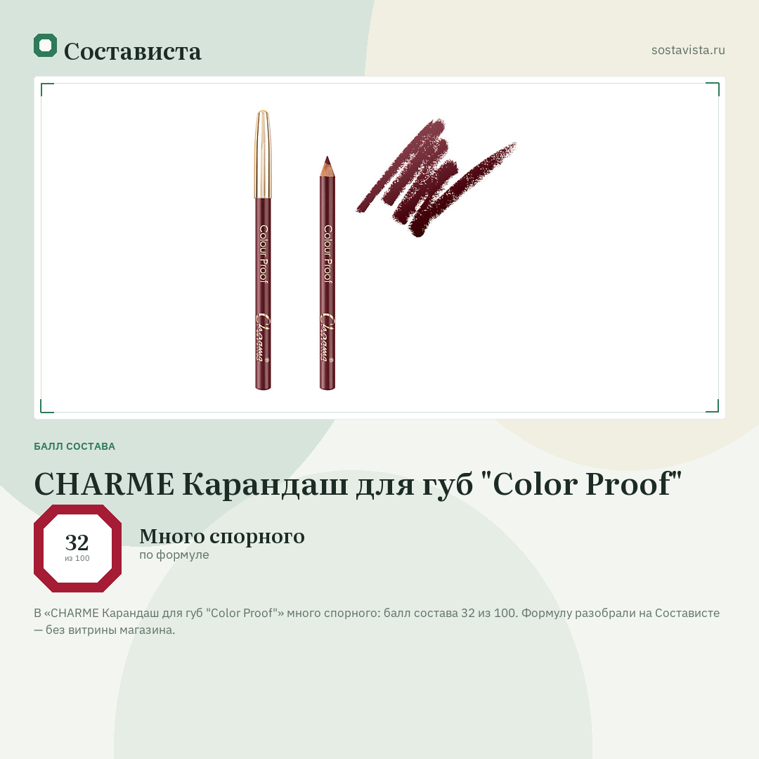 CHARME Карандаш для губ "Color Proof": балл состава 32 из 100 — Состависта