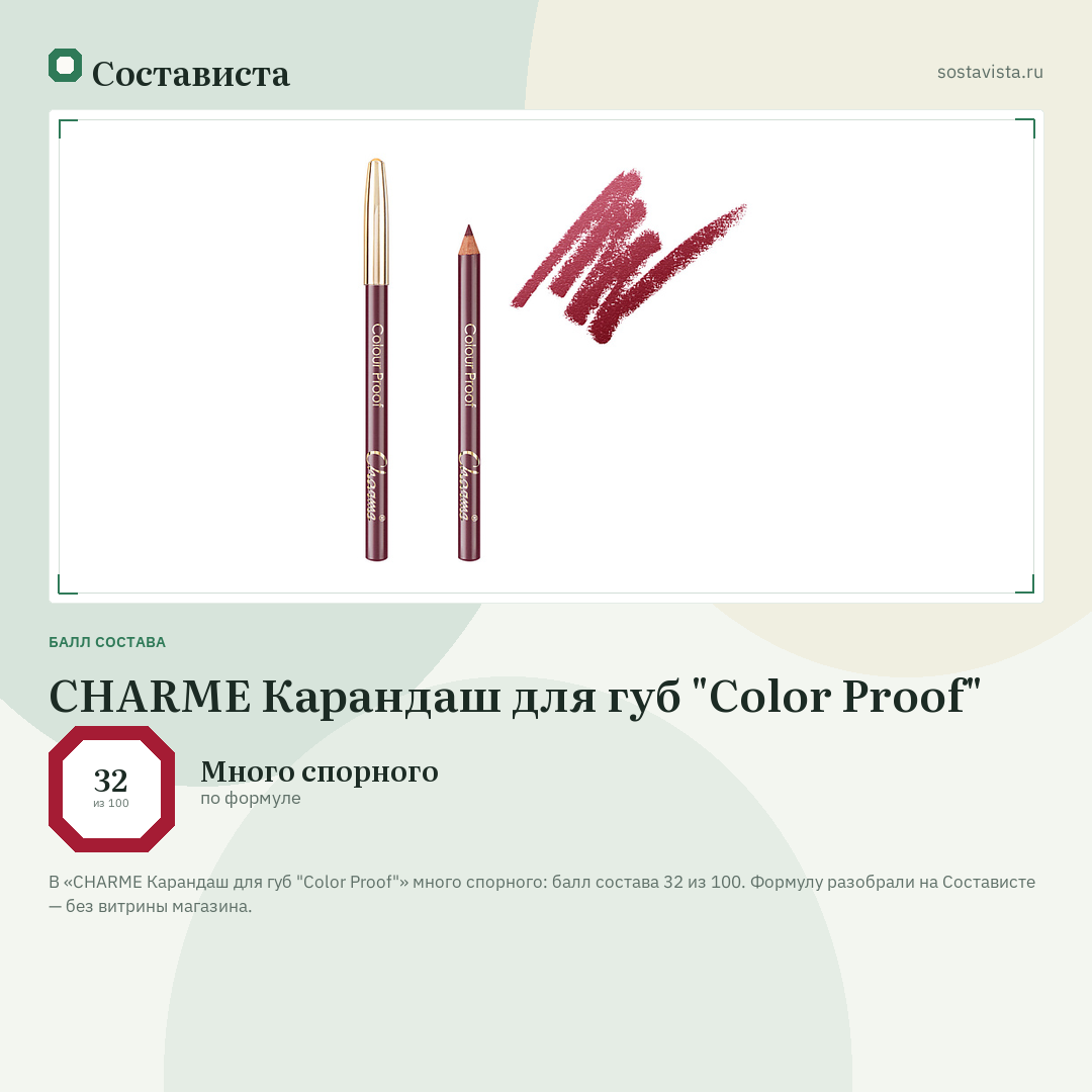 CHARME Карандаш для губ "Color Proof": балл состава 32 из 100 — Состависта