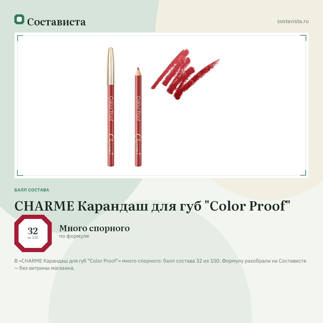 CHARME Карандаш для губ "Color Proof": балл состава 32 из 100 — Состависта