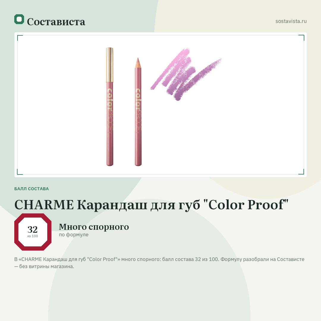 CHARME Карандаш для губ "Color Proof": балл состава 32 из 100 — Состависта