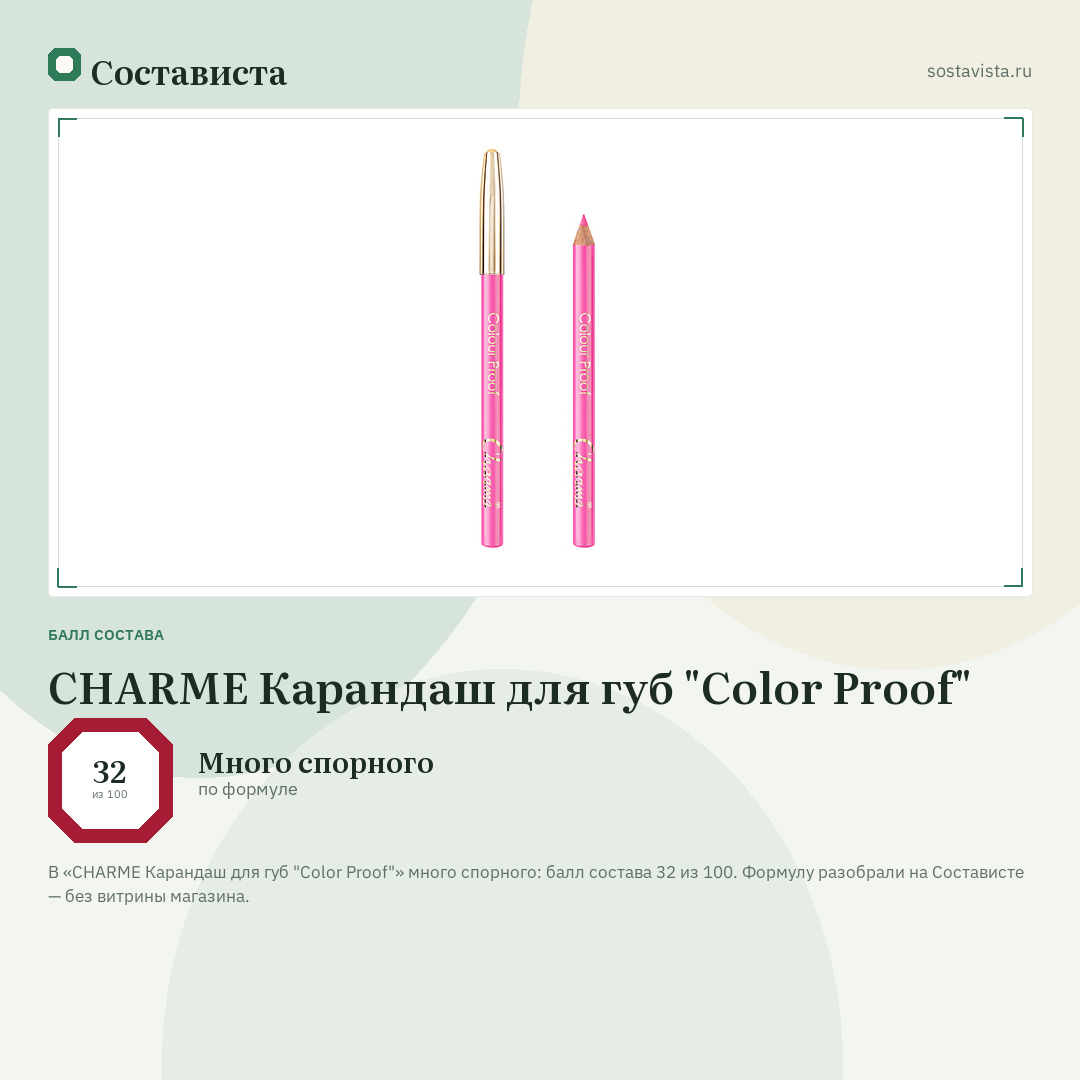 CHARME Карандаш для губ "Color Proof": балл состава 32 из 100 — Состависта