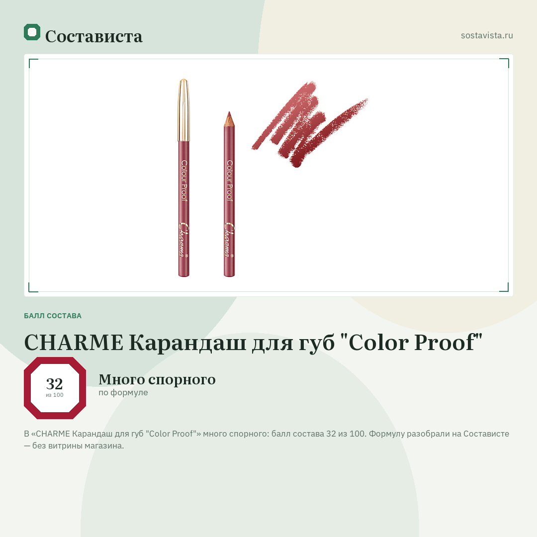 CHARME Карандаш для губ "Color Proof": балл состава 32 из 100 — Состависта