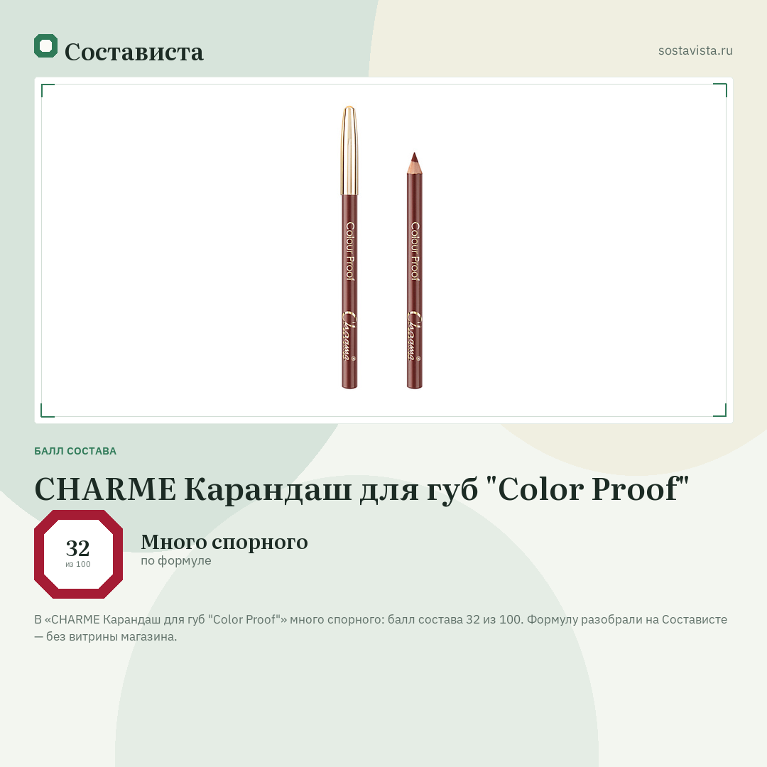 CHARME Карандаш для губ "Color Proof": балл состава 32 из 100 — Состависта