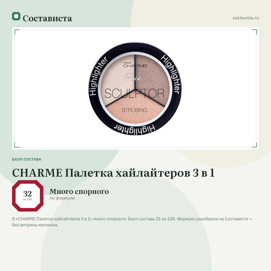 CHARME Палетка хайлайтеров 3 в 1: балл состава 32 из 100 — Состависта