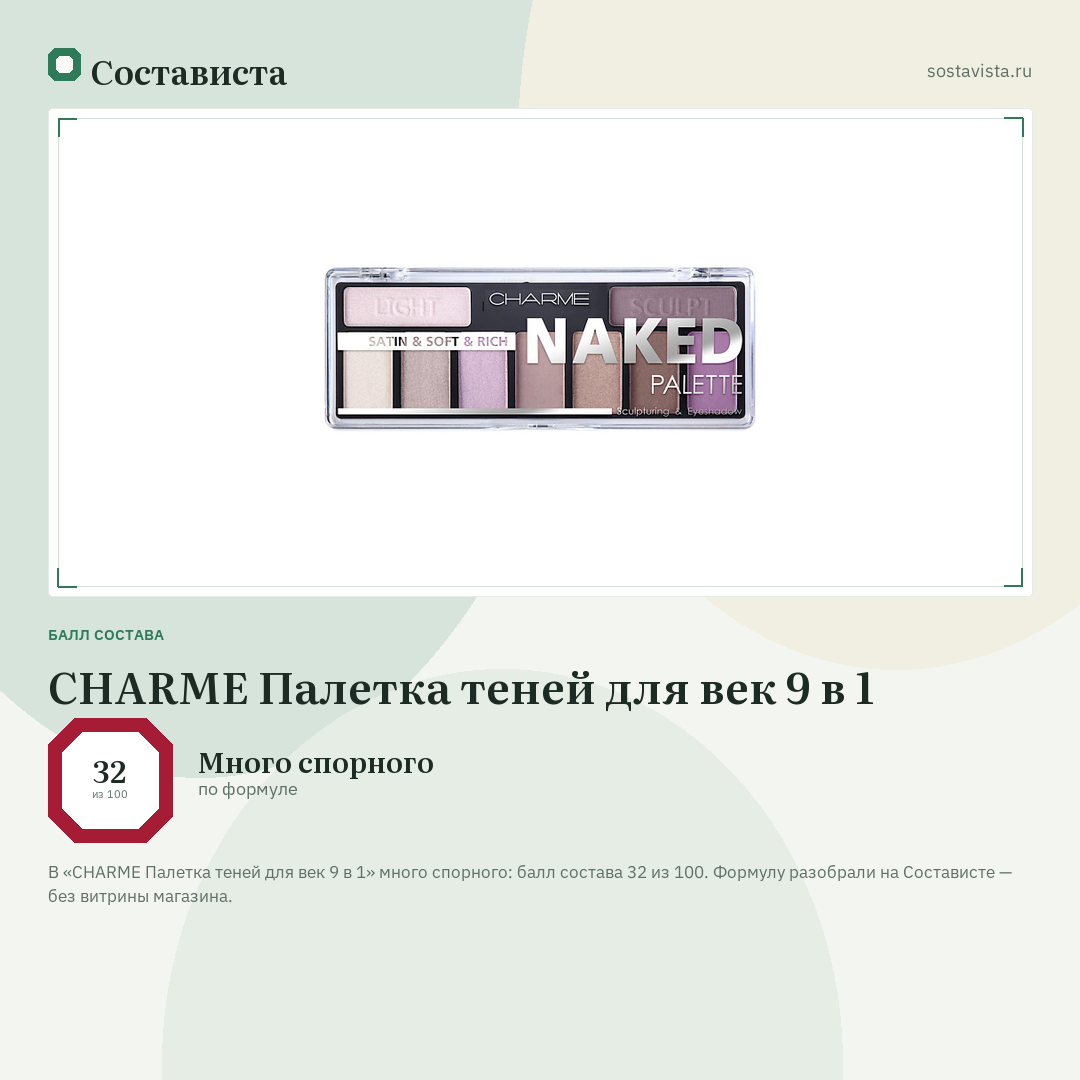 CHARME Палетка теней для век 9 в 1: балл состава 32 из 100 — Состависта