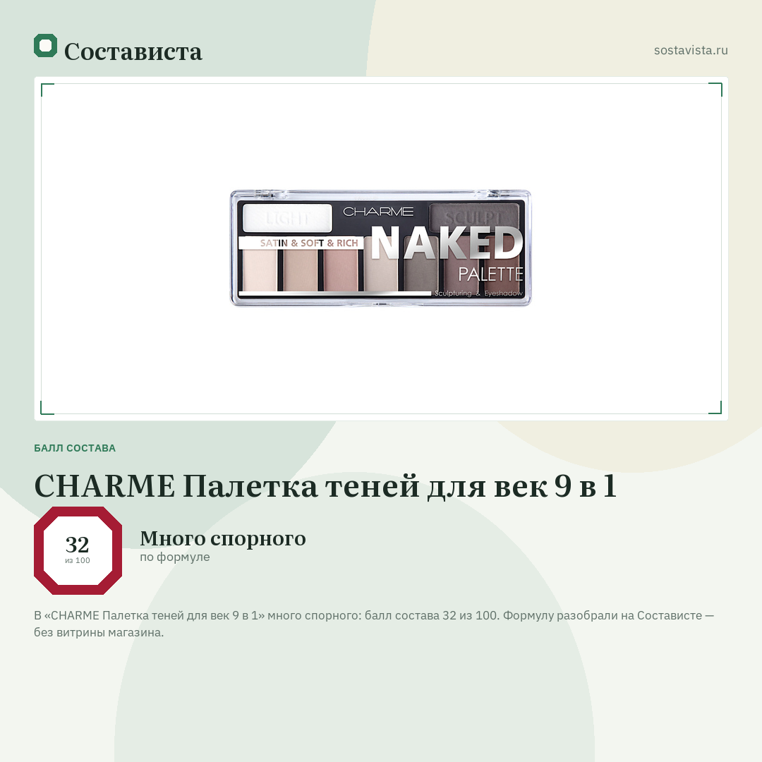 CHARME Палетка теней для век 9 в 1: балл состава 32 из 100 — Состависта