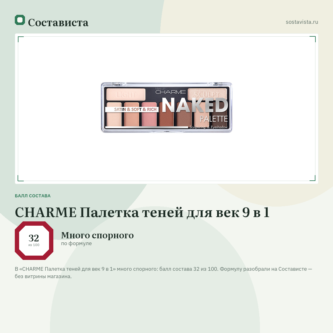 CHARME Палетка теней для век 9 в 1: балл состава 32 из 100 — Состависта