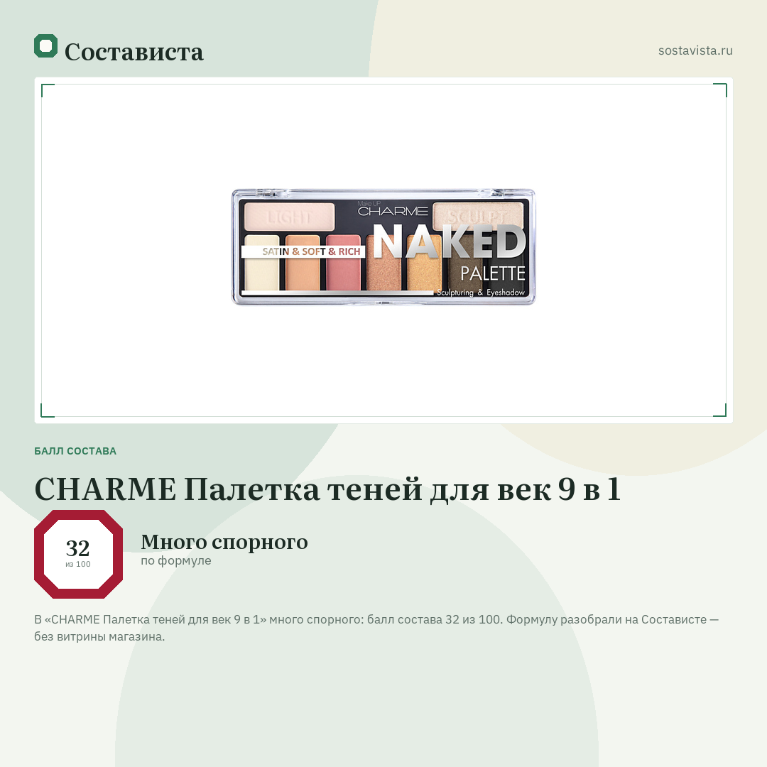 CHARME Палетка теней для век 9 в 1: балл состава 32 из 100 — Состависта
