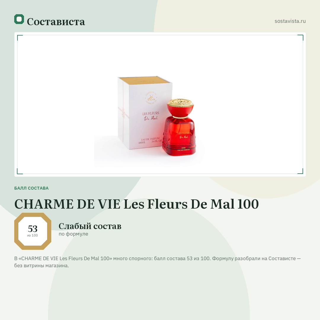 CHARME DE VIE Les Fleurs De Mal 100: балл состава 53 из 100 — Состависта
